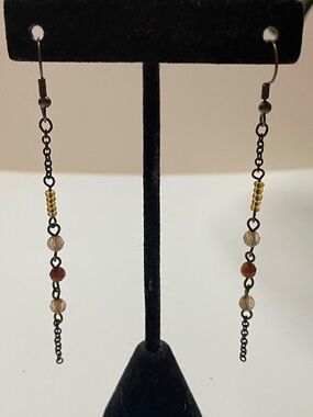 Handmade Long Dangle Beaded Earrings - Gold and Brown